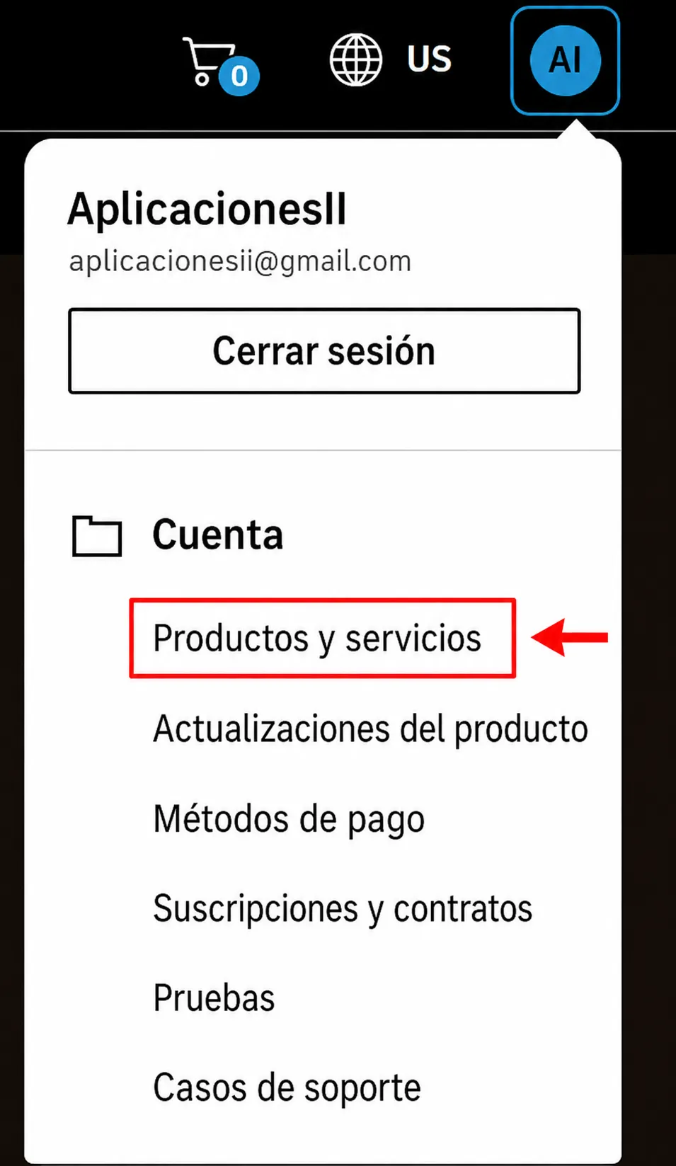 Menú de cuenta Autodesk para entrar a productos y servicios