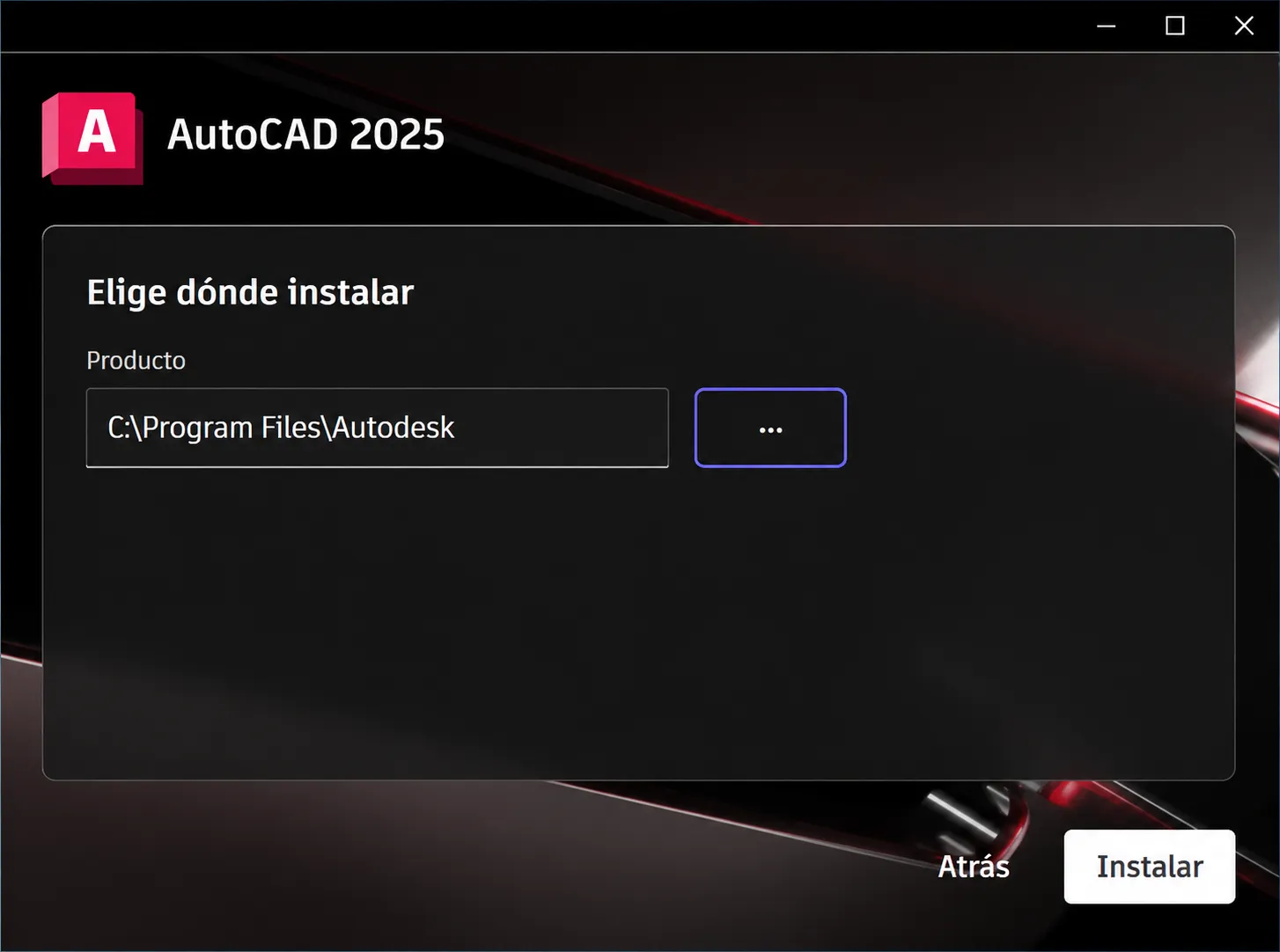 Elegir carpeta de instalación para AutoCAD