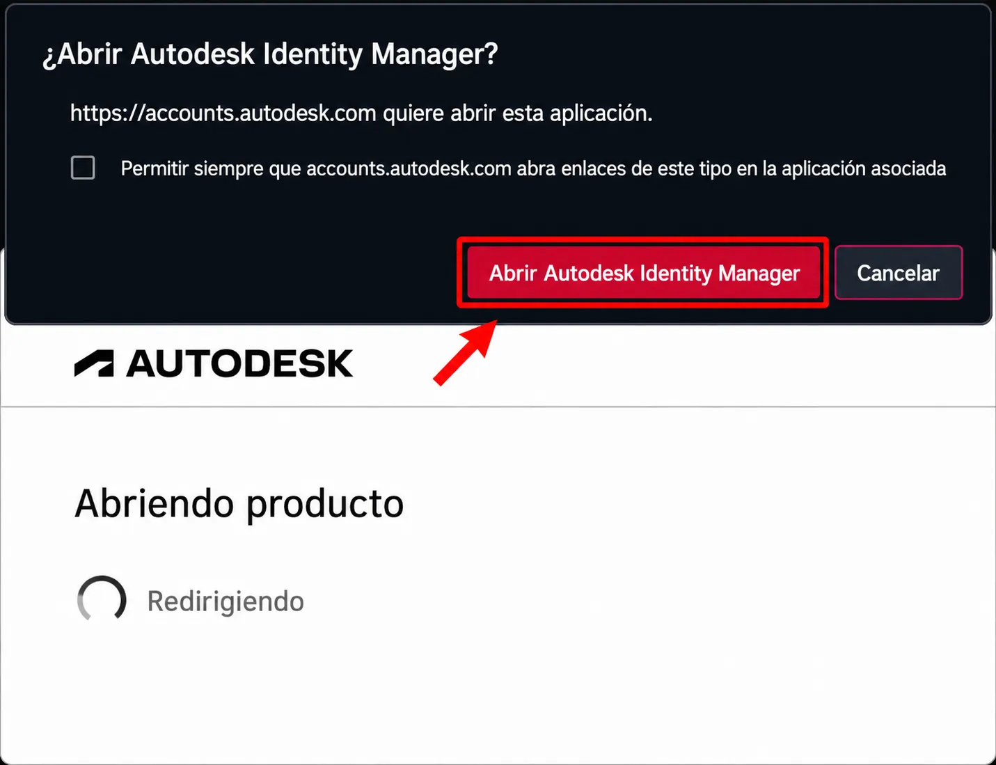 Autodesk Identity Manager durante el inicio de sesión