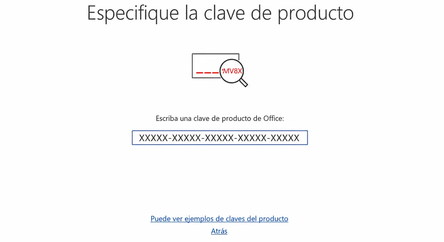 Pantalla para ingresar key del producto en Office Pro Plus