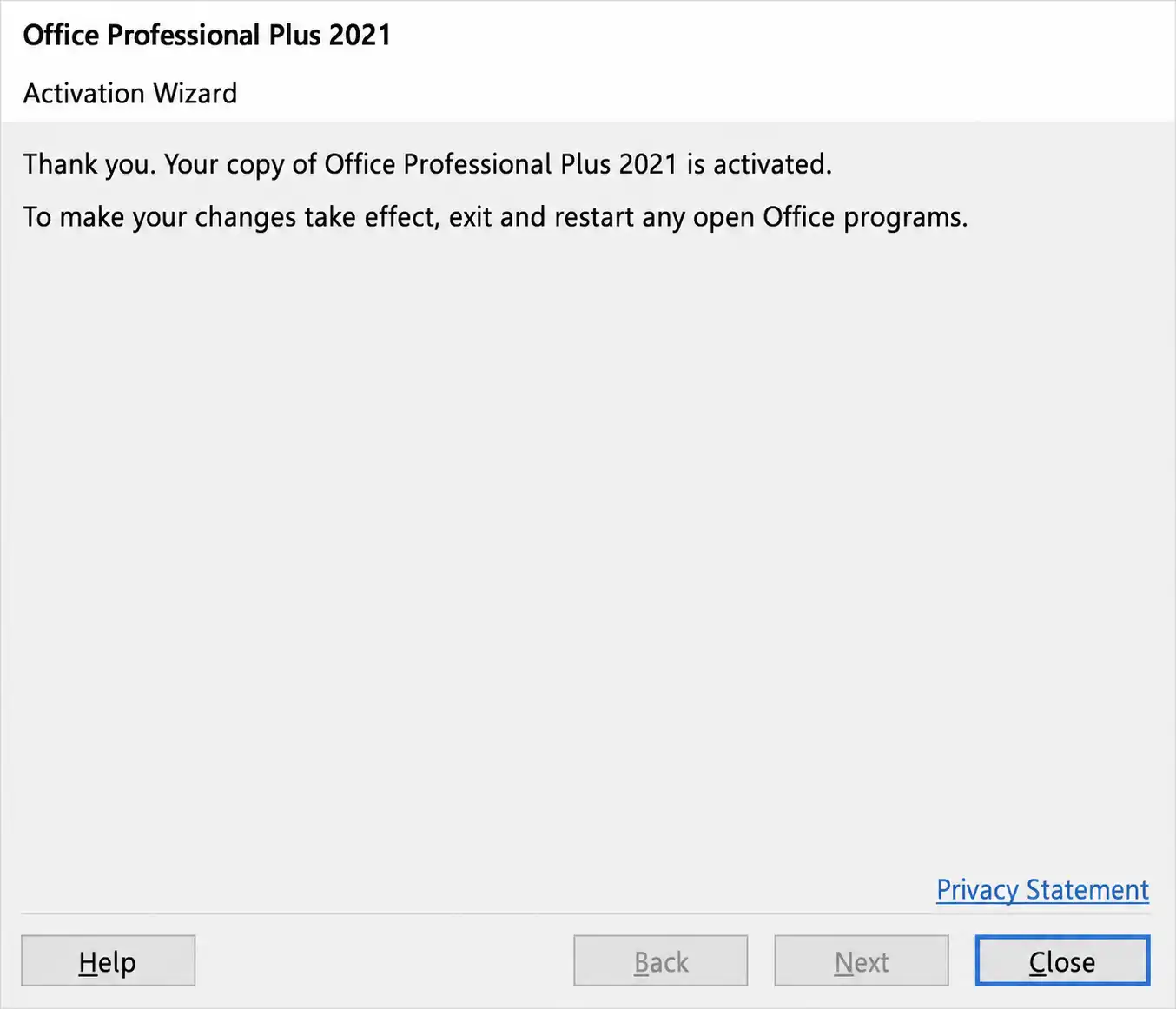 Pantalla final de Office Pro Plus activado correctamente