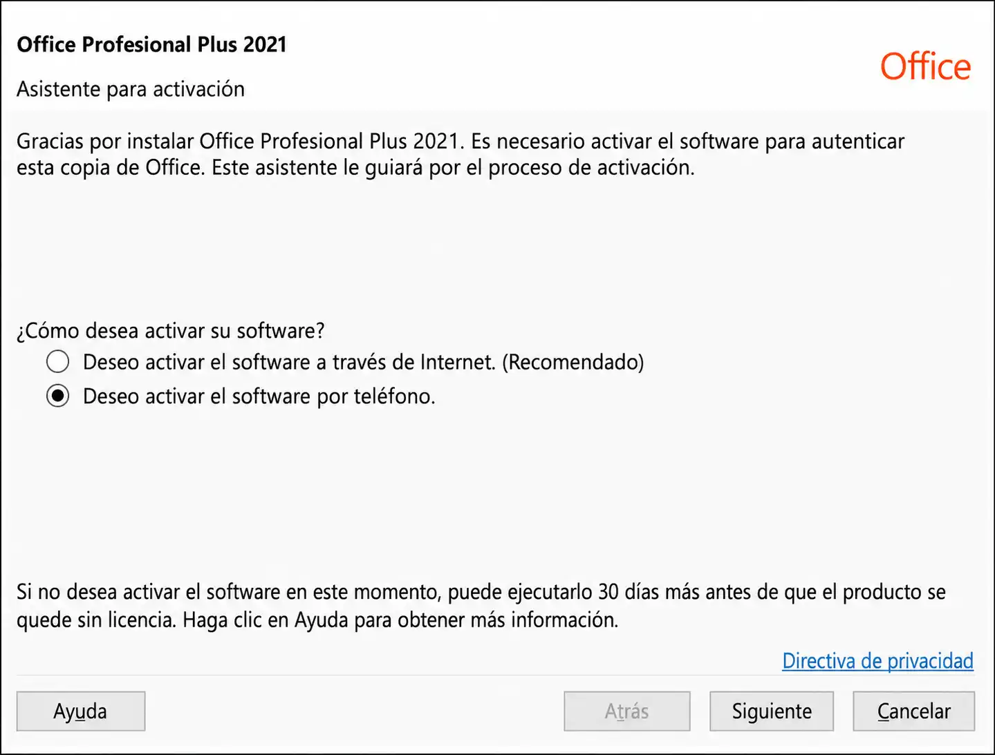 Elegir activación por teléfono en Office Pro Plus