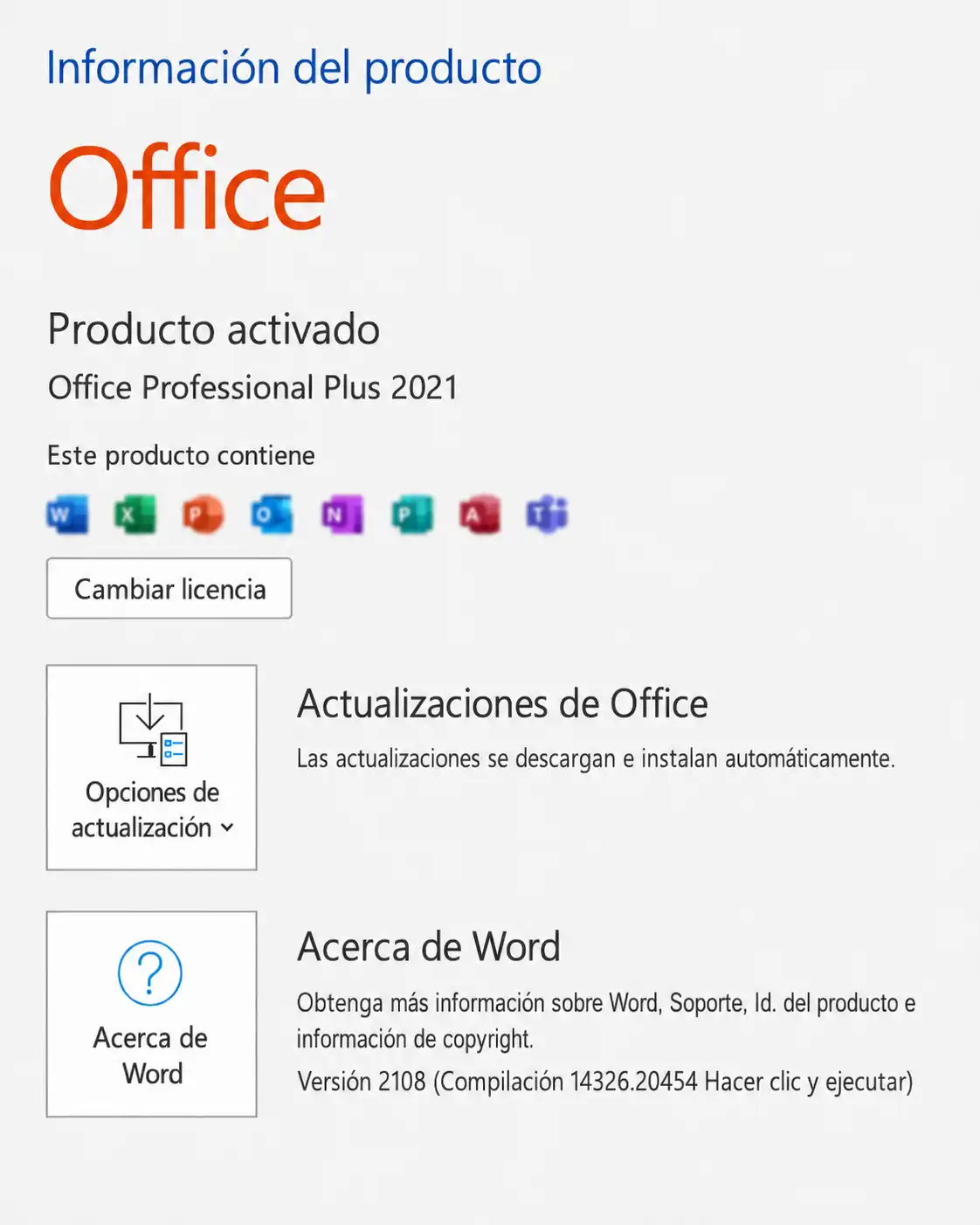 Office Pro Plus activado correctamente en Word