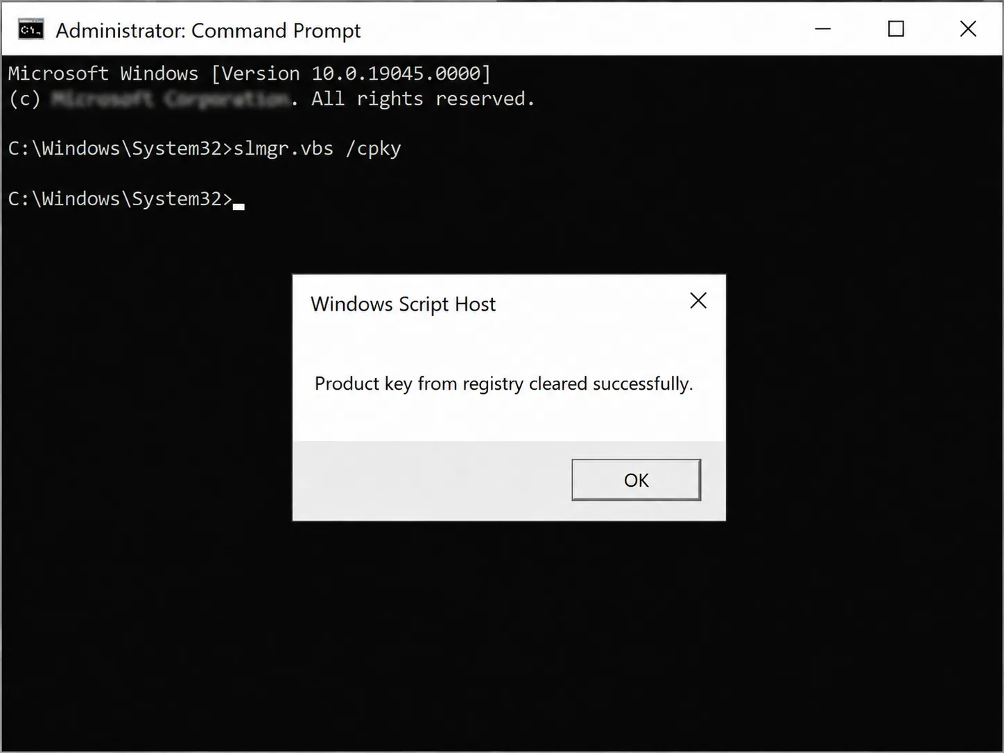 Windows mostrando key del registro limpiada correctamente con slmgr cpky