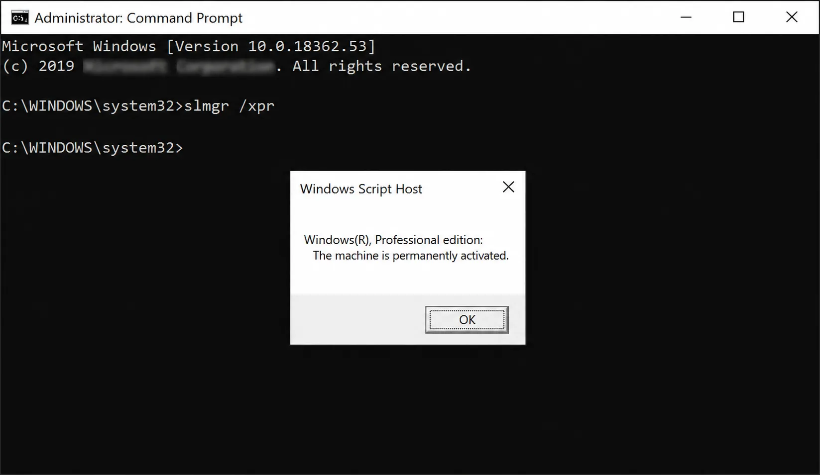 Windows mostrando activación permanente con slmgr xpr