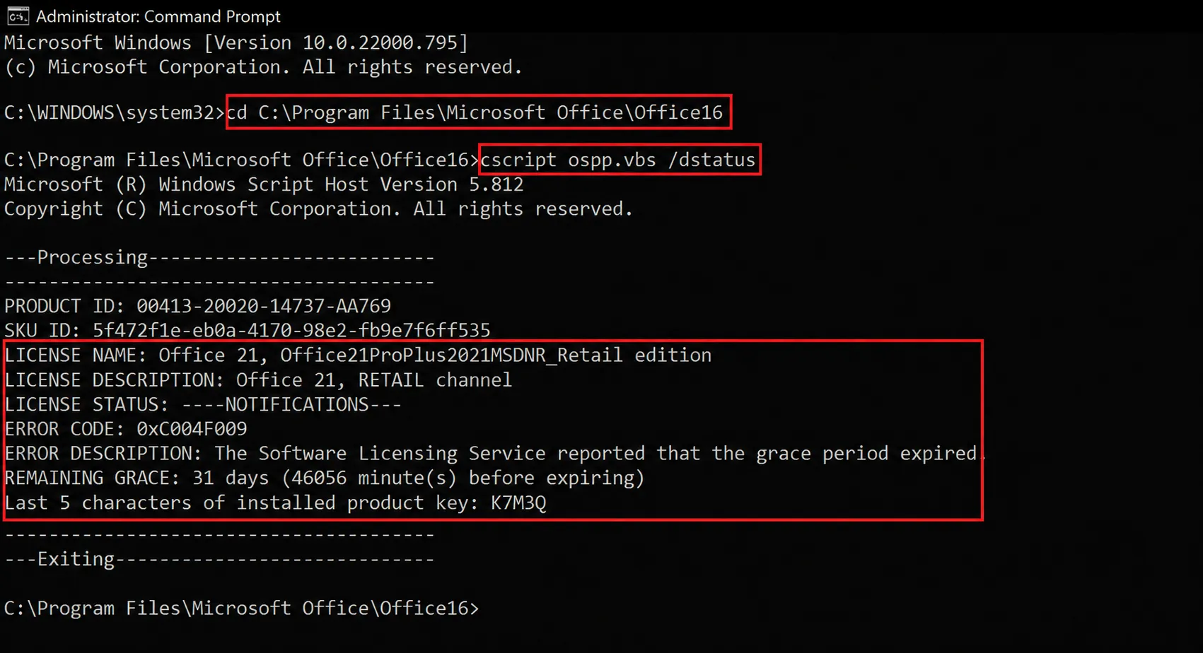 Office mostrando estado de activación y últimos caracteres de la key con ospp dstatus