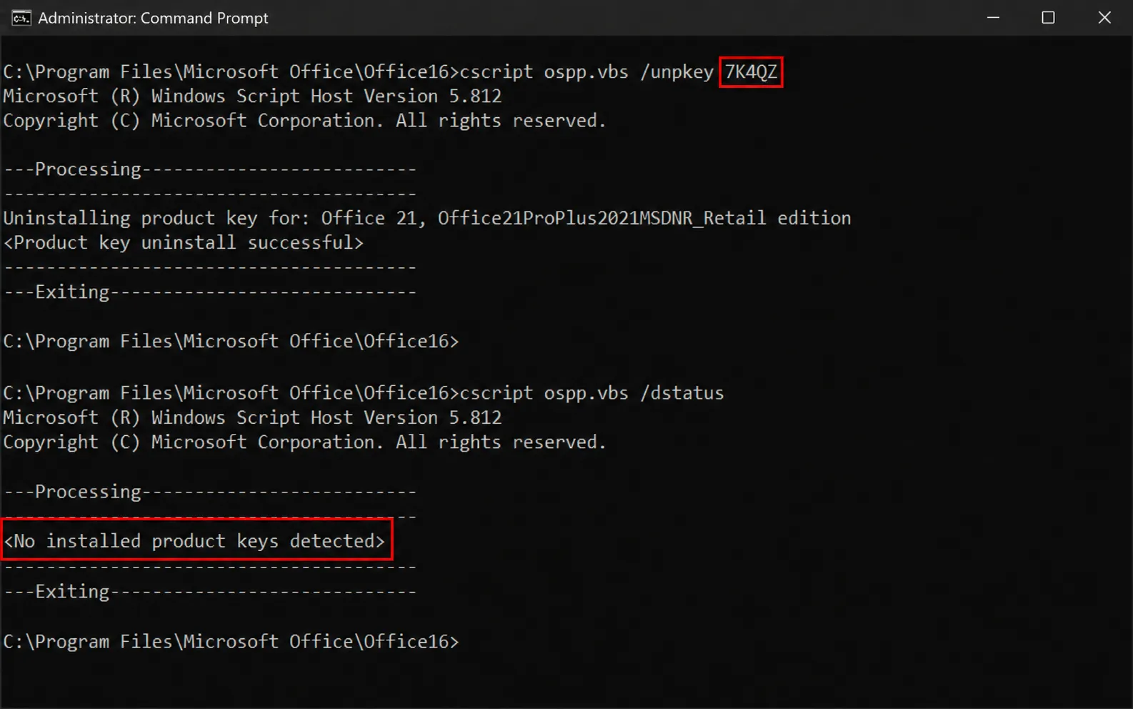 Office mostrando key eliminada y sin keys instaladas detectadas