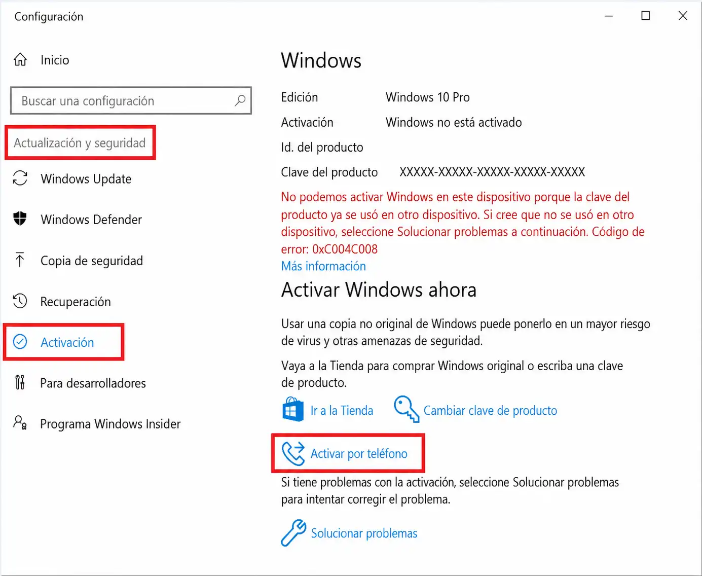 Pantalla de activación en Windows 10