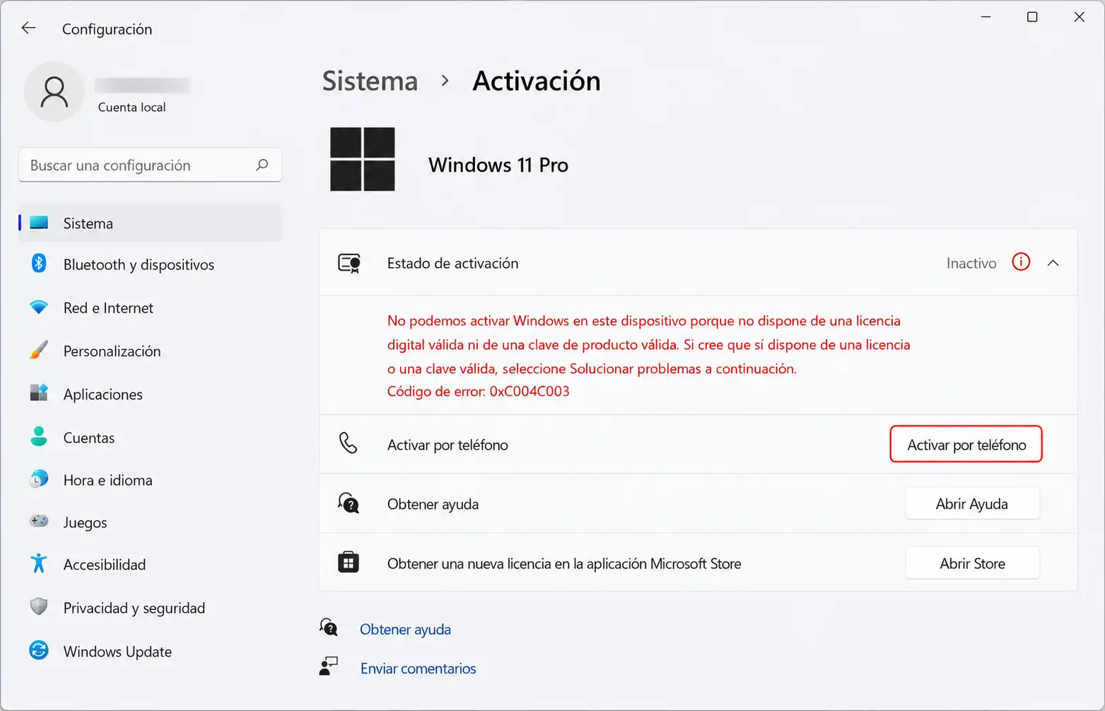 Pantalla de activación en Windows 11