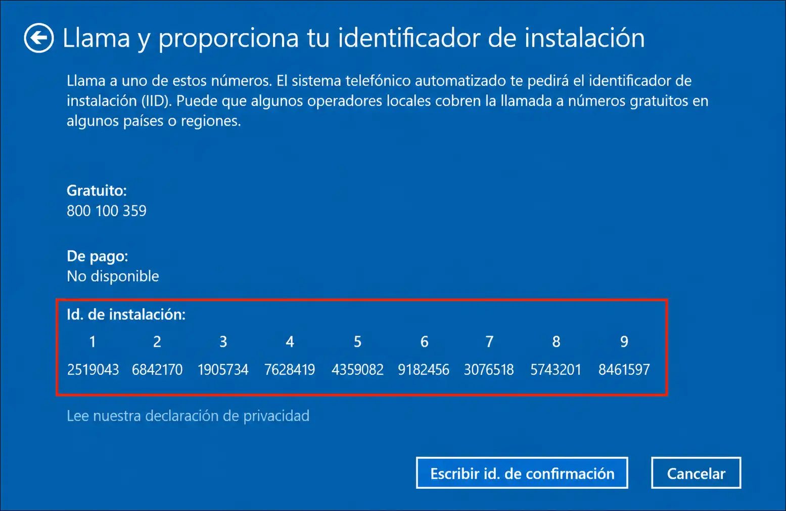 ID de instalación de Windows dividido en 9 bloques