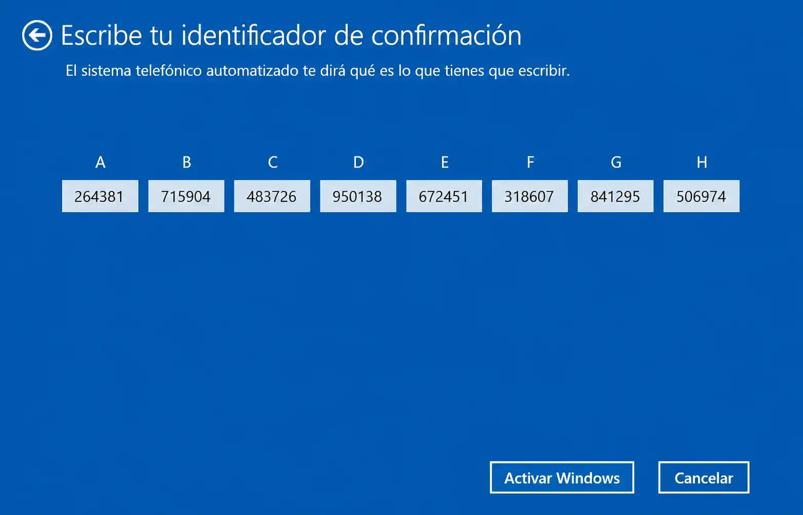 Casillas A-H para ingresar el ID de confirmación en Windows