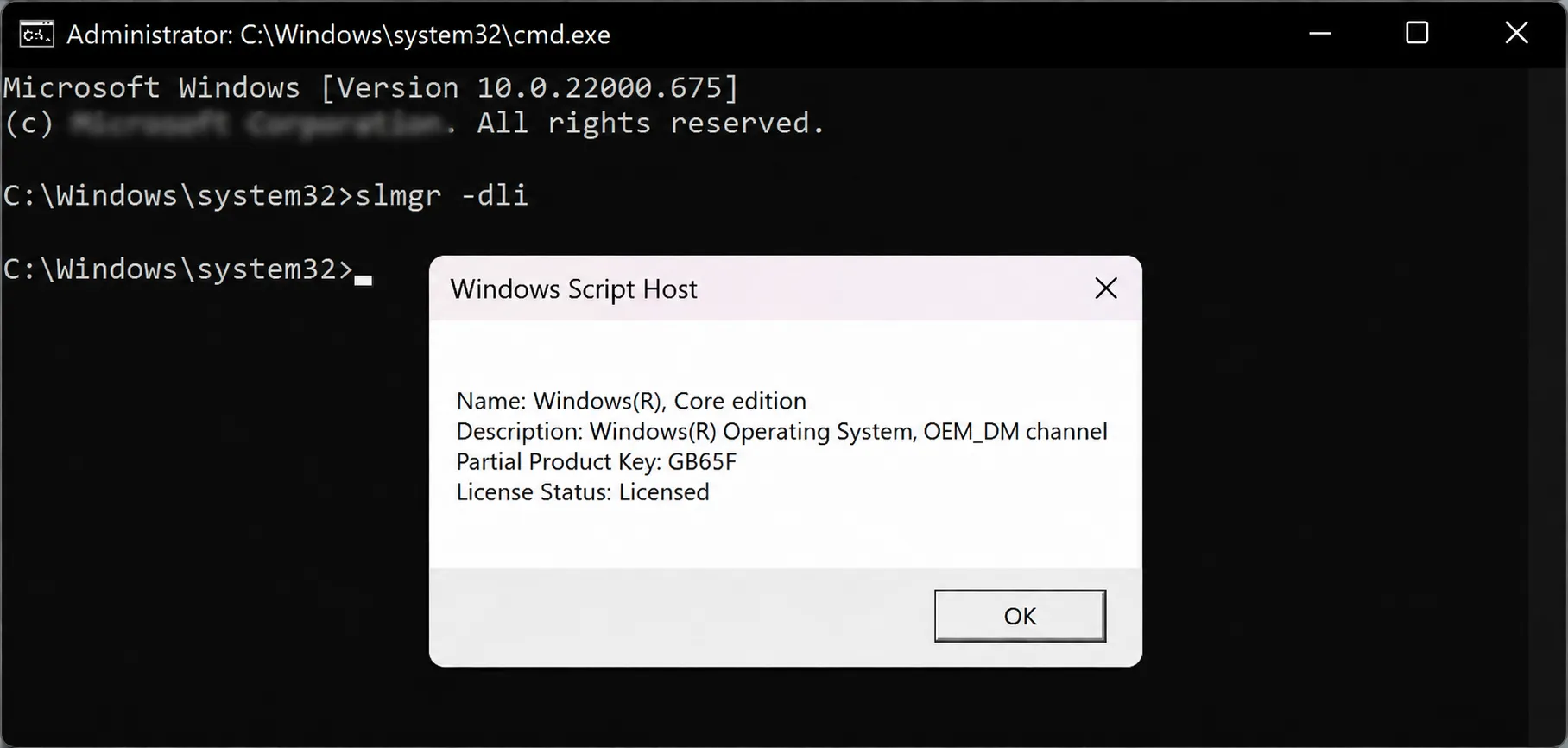 Ejemplo de comando slmgr dli mostrando canal OEM en Windows